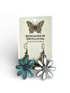 Reimagined Enamel Daisy Rhinestone Dangle Earrings Stainless Steel Hooks New